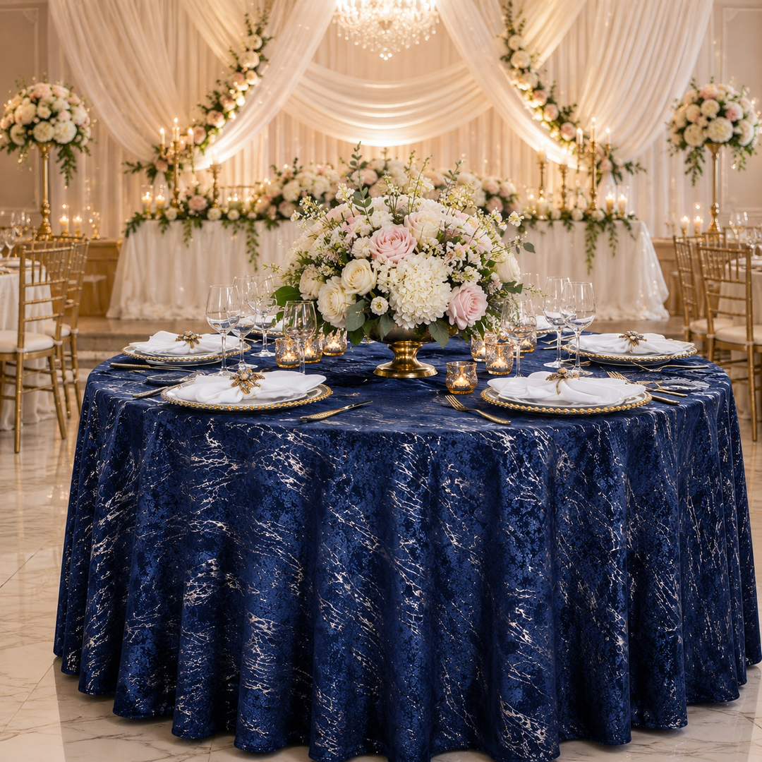 120" Seamless Round Gilded Marble Holland Velvet Tablecloth - Navy Blue (1pc)
