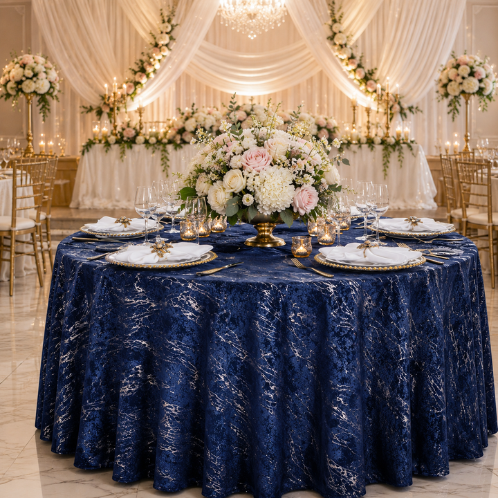 120" Seamless Round Gilded Marble Holland Velvet Tablecloth - Navy Blue (1pc)