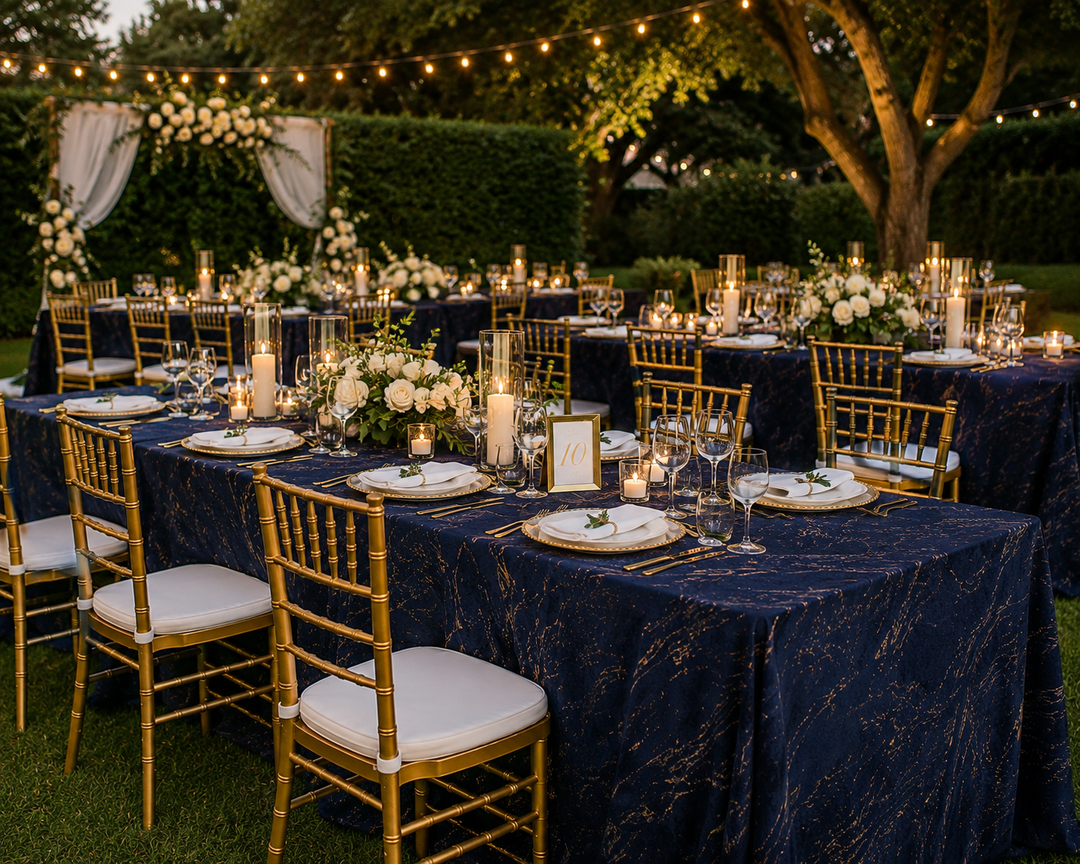90"x156" Seamless Rectangular Gilded Marble Holland Velvet Tablecloth - Navy Blue (1pc)