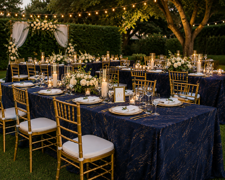 90"x156" Seamless Rectangular Gilded Marble Holland Velvet Tablecloth - Navy Blue (1pc)
