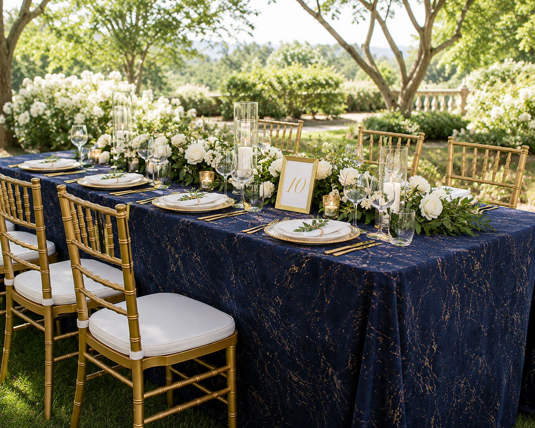 90"x156" Seamless Rectangular Gilded Marble Holland Velvet Tablecloth - Navy Blue (1pc)