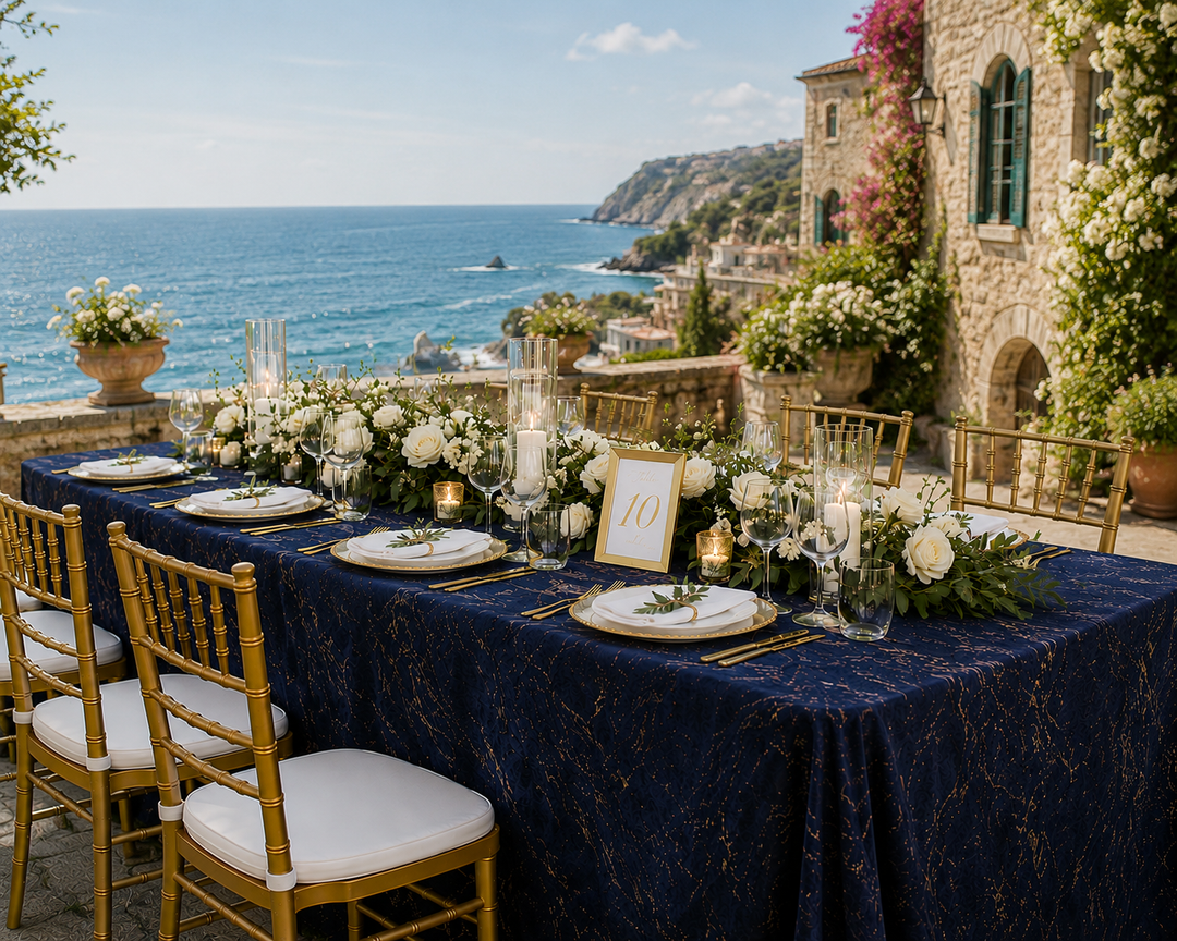 90"x156" Seamless Rectangular Gilded Marble Holland Velvet Tablecloth - Navy Blue (1pc)