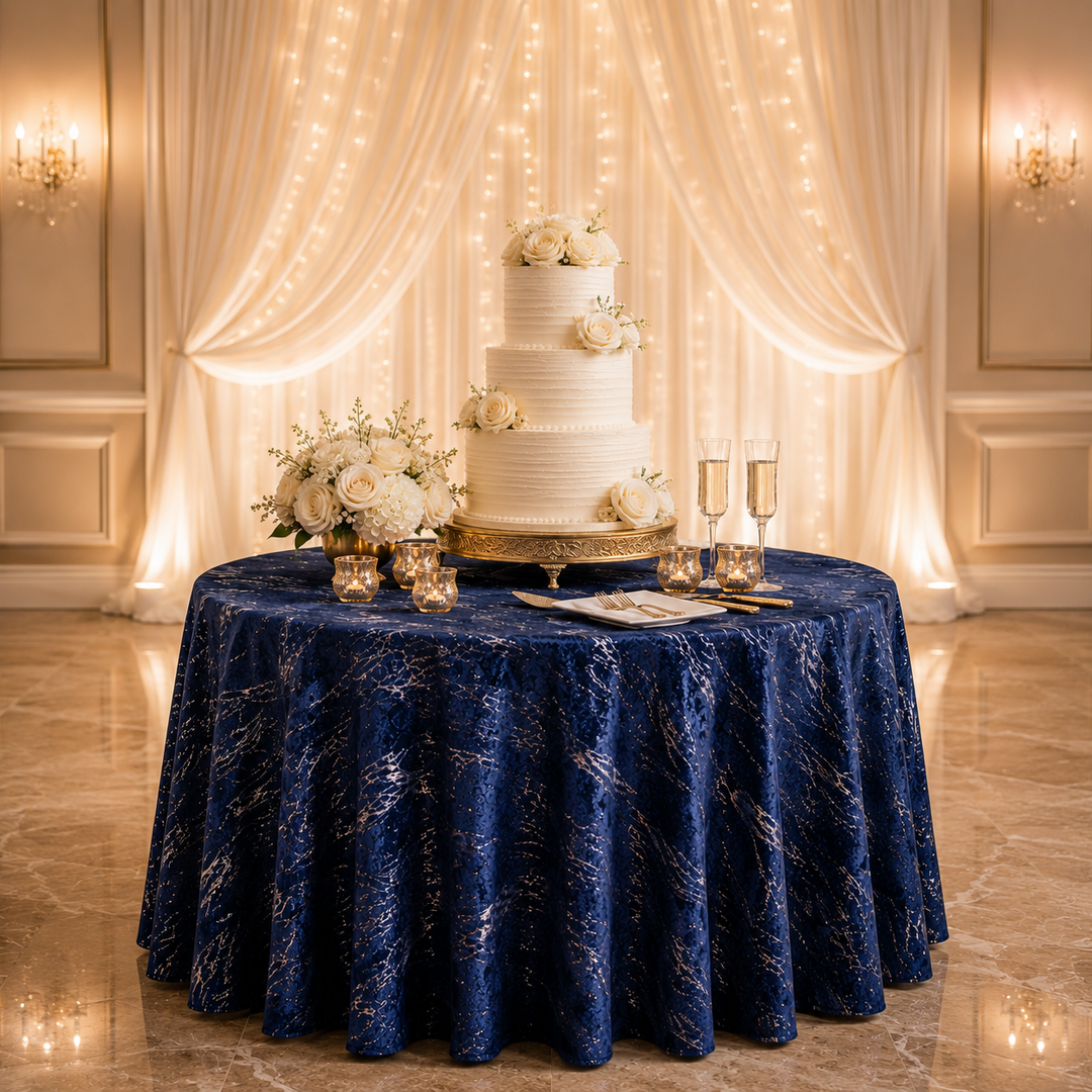 120" Seamless Round Gilded Marble Holland Velvet Tablecloth - Navy Blue (1pc)