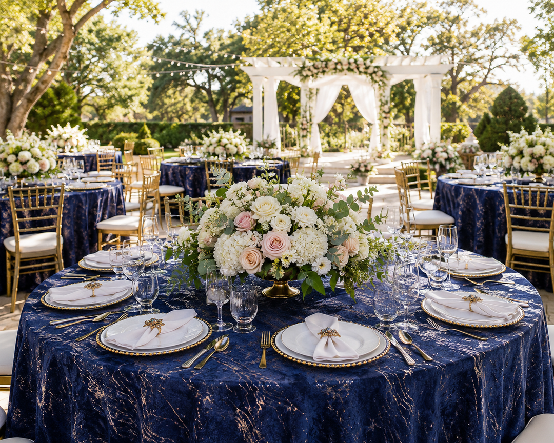 120" Seamless Round Gilded Marble Holland Velvet Tablecloth - Navy Blue (1pc)