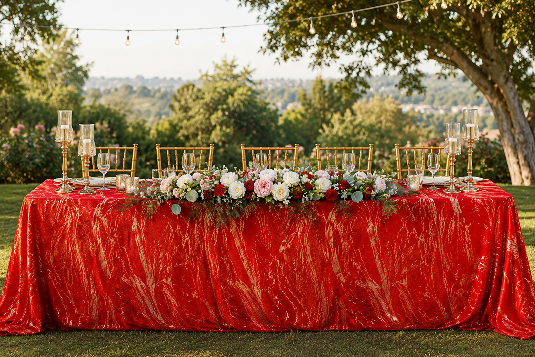 90"x132" Seamless Rectangular Gilded Marble Holland Velvet Tablecloth - Red (1pc)