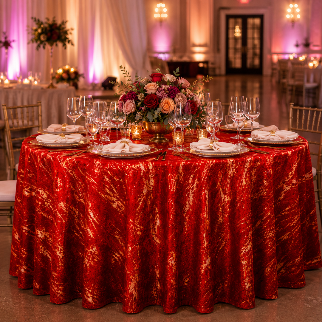 132" Round Gilded Marble Holland Velvet Tablecloth - Red (1pc)