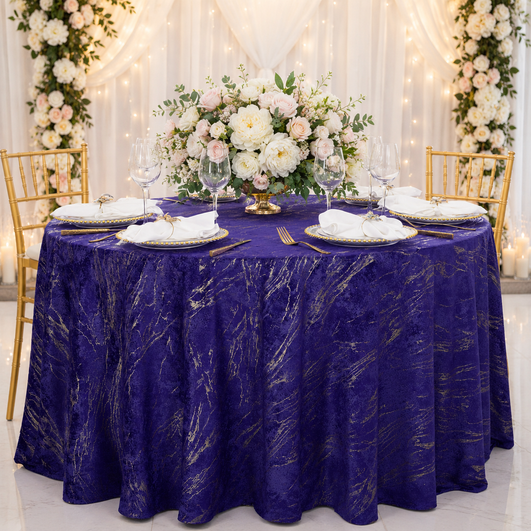 132" Round Gilded Marble Holland Velvet Tablecloth - Regency Purple (1pc)