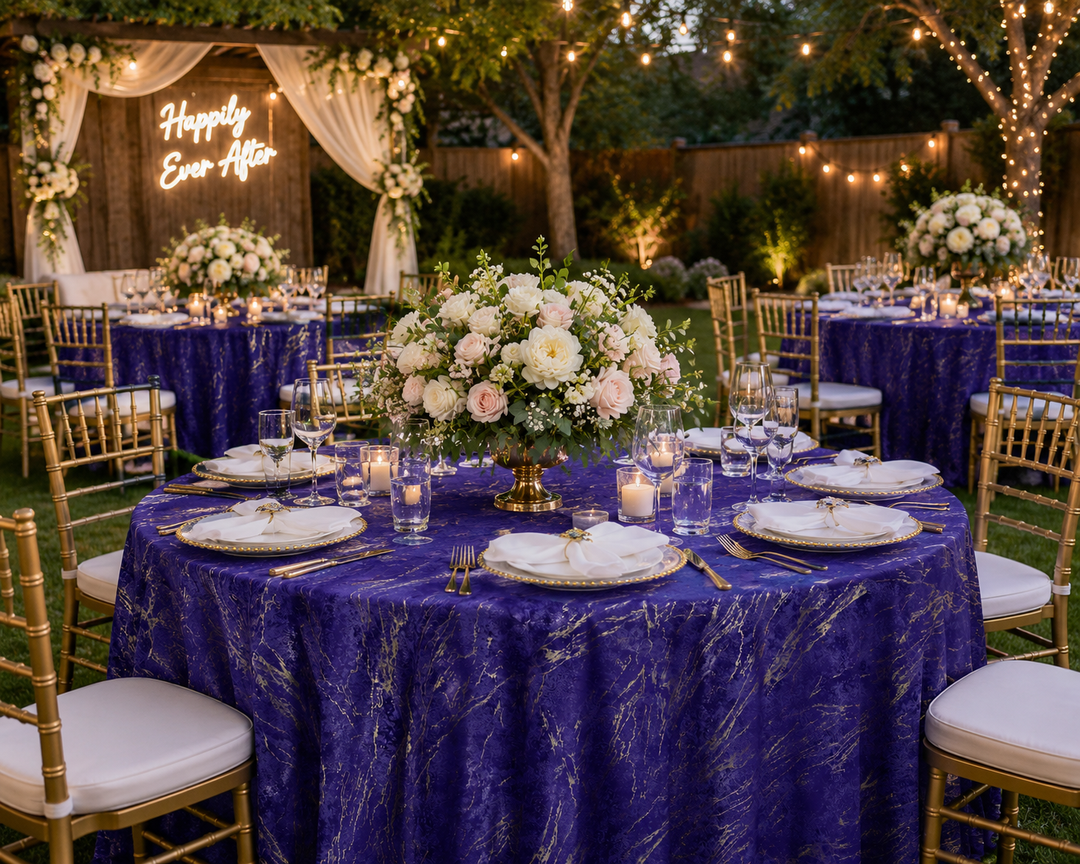 132" Round Gilded Marble Holland Velvet Tablecloth - Regency Purple (1pc)