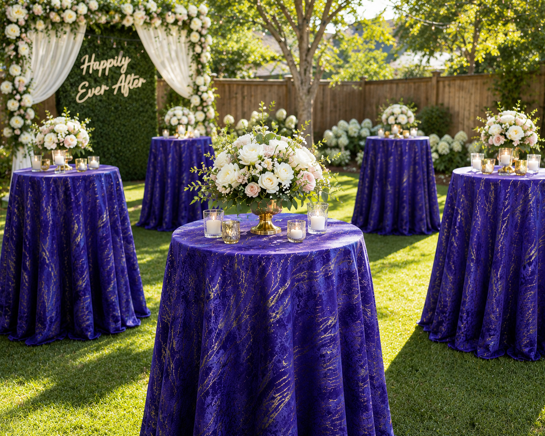 132" Round Gilded Marble Holland Velvet Tablecloth - Regency Purple (1pc)