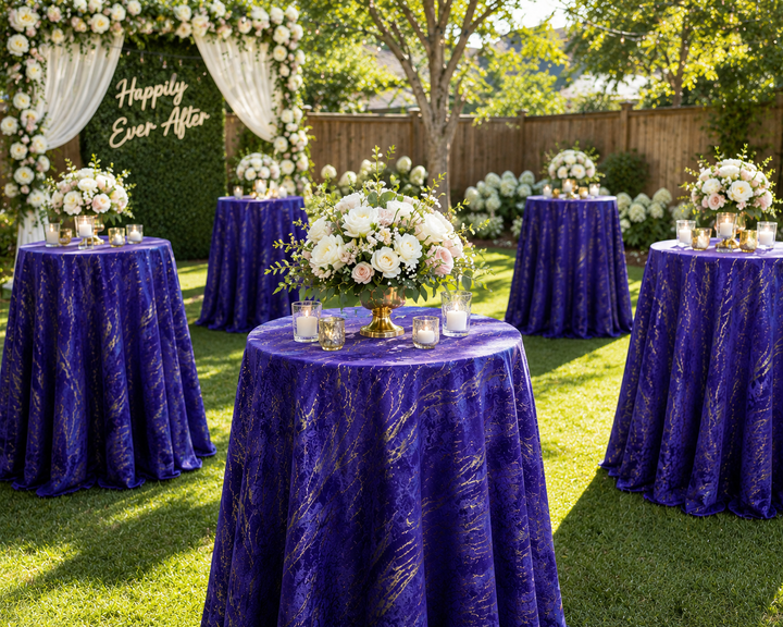 132" Round Gilded Marble Holland Velvet Tablecloth - Regency Purple (1pc)