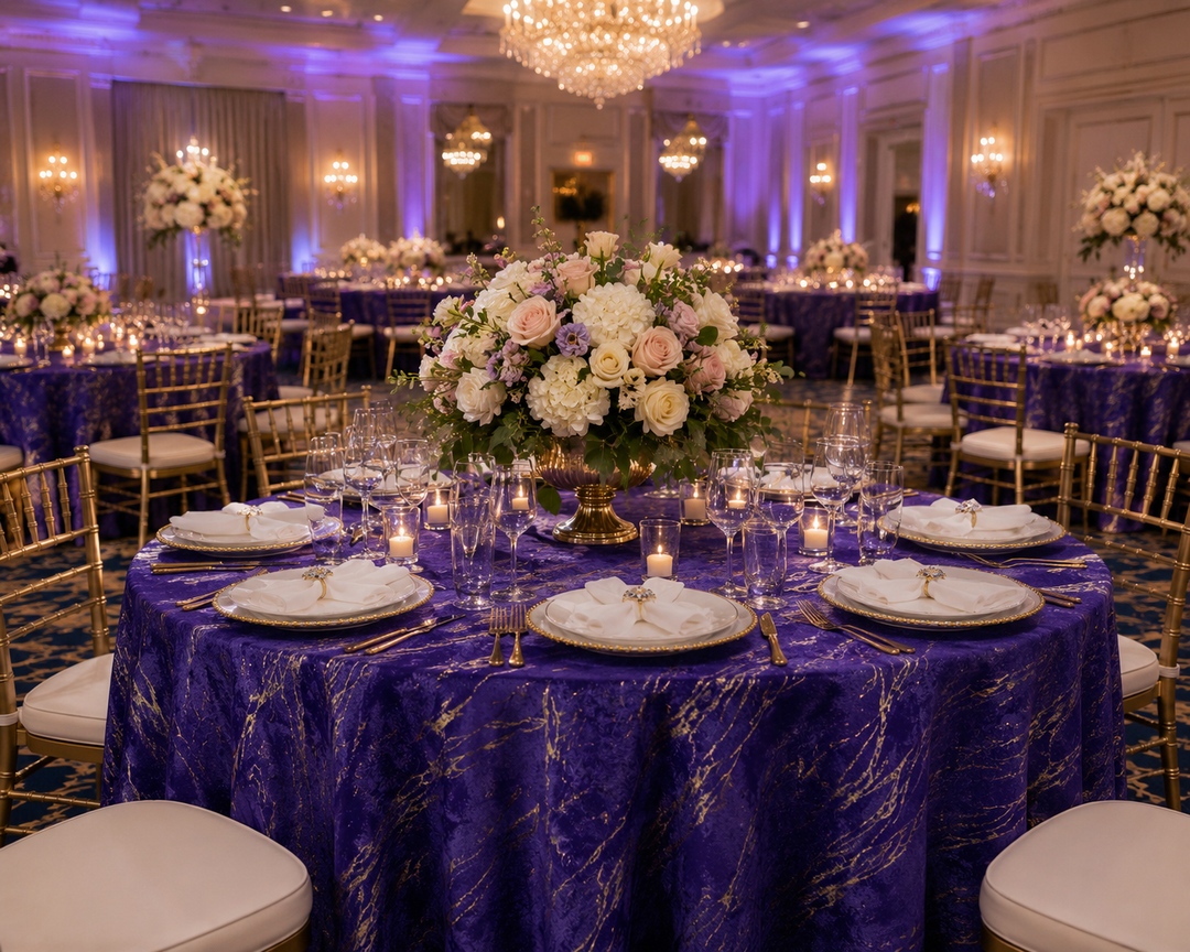 132" Round Gilded Marble Holland Velvet Tablecloth - Regency Purple (1pc)