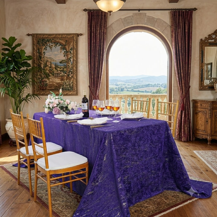 90"x132" Seamless Rectangular Gilded Marble Holland Velvet Tablecloth - Regency Purple (1pc)