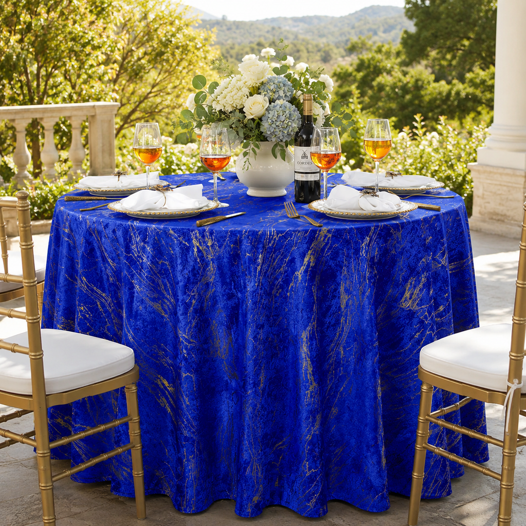 132" Round Gilded Marble Holland Velvet Tablecloth - Royal Blue (1pc)