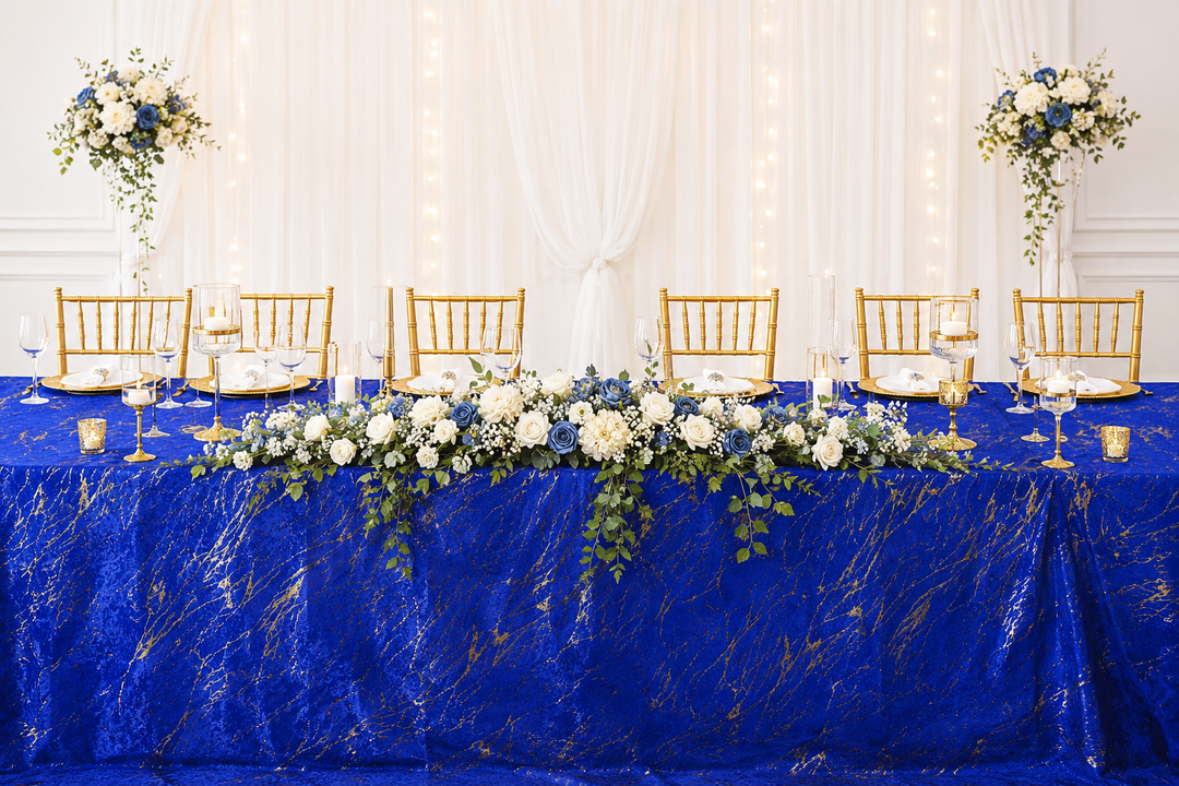 90"x132" Seamless Rectangular Gilded Marble Holland Velvet Tablecloth - Royal Blue (1pc)