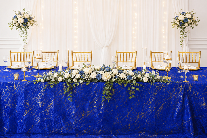 90"x132" Seamless Rectangular Gilded Marble Holland Velvet Tablecloth - Royal Blue (1pc)