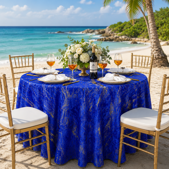 132" Round Gilded Marble Holland Velvet Tablecloth - Royal Blue (1pc)