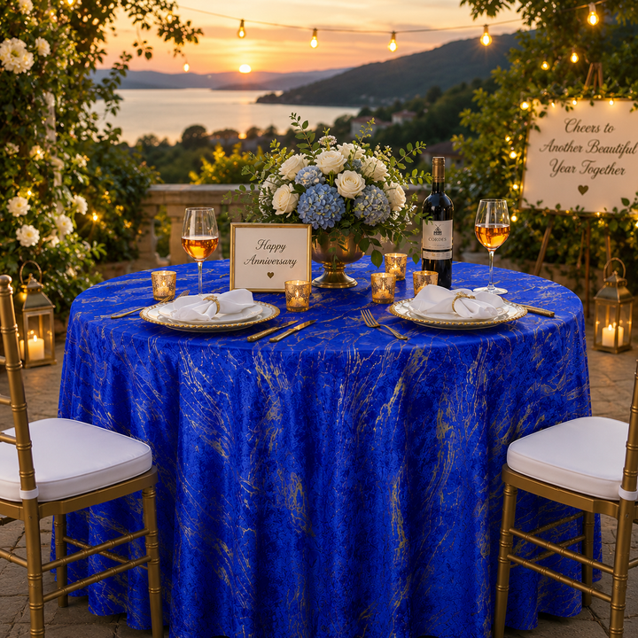 132" Round Gilded Marble Holland Velvet Tablecloth - Royal Blue (1pc)