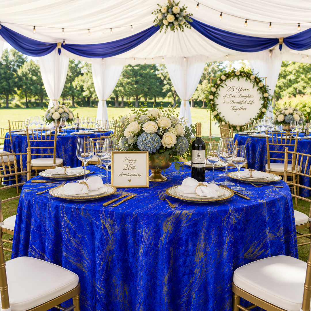 132" Round Gilded Marble Holland Velvet Tablecloth - Royal Blue (1pc)