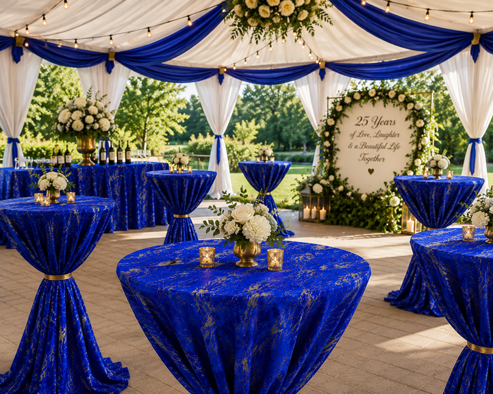 132" Round Gilded Marble Holland Velvet Tablecloth - Royal Blue (1pc)