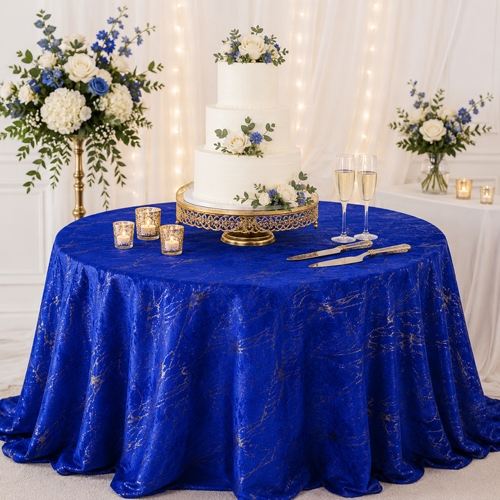 132" Round Gilded Marble Holland Velvet Tablecloth - Royal Blue (1pc)