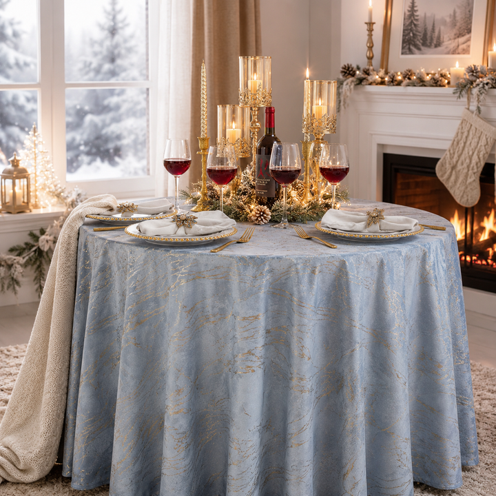 132" Round Gilded Marble Holland Velvet Tablecloth - Dusty Blue (1pc)