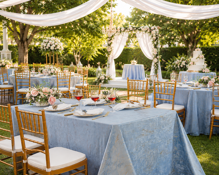 90"x156" Seamless Rectangular Gilded Marble Holland Velvet Tablecloth - Dusty Blue (1pc)