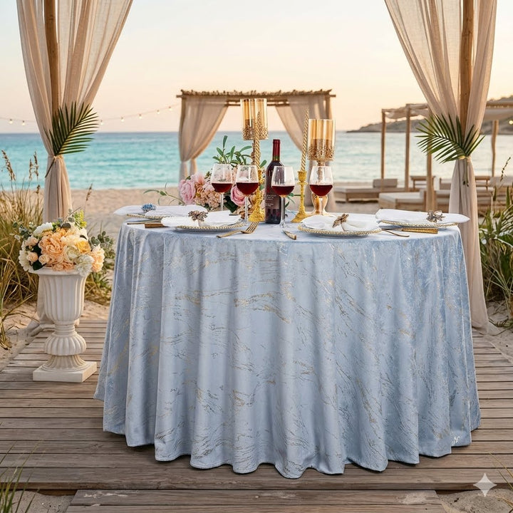 132" Round Gilded Marble Holland Velvet Tablecloth - Dusty Blue (1pc)