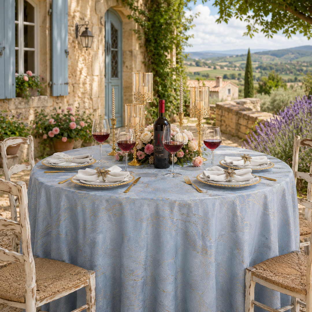 132" Round Gilded Marble Holland Velvet Tablecloth - Dusty Blue (1pc)