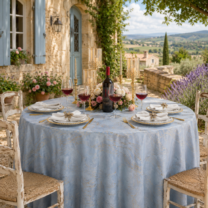 132" Round Gilded Marble Holland Velvet Tablecloth - Dusty Blue (1pc)