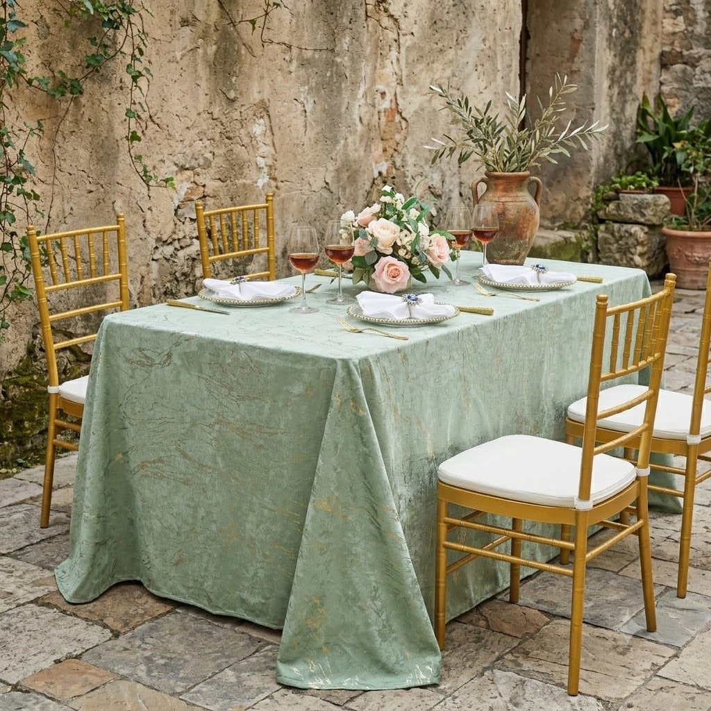 90"x156" Seamless Rectangular Gilded Marble Holland Velvet Tablecloth - Sage Green (1pc)