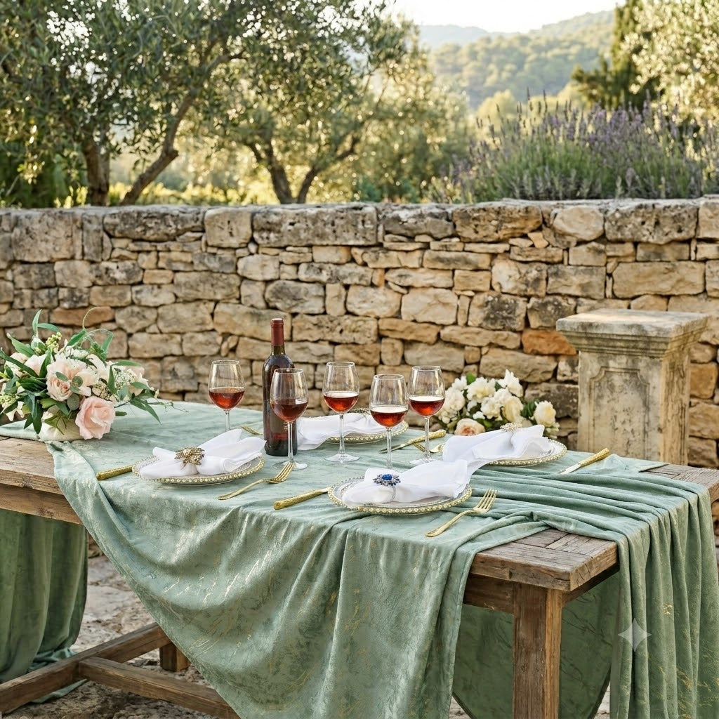 90"x132" Seamless Rectangular Gilded Marble Holland Velvet Tablecloth - Sage Green (1pc)
