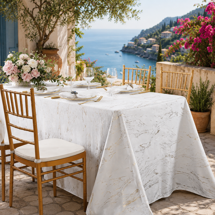90"x156" Seamless Rectangular Gilded Marble Holland Velvet Tablecloth - White (1pc)