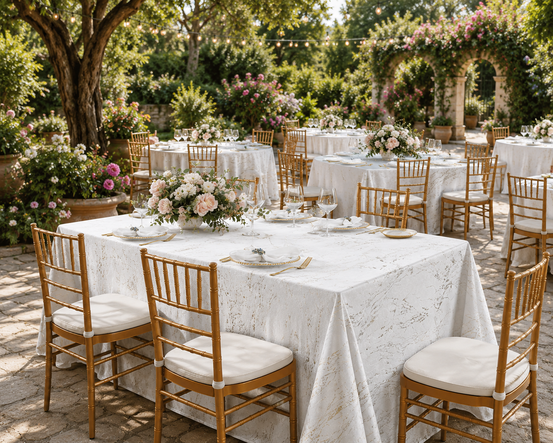 90"x156" Seamless Rectangular Gilded Marble Holland Velvet Tablecloth - White (1pc)