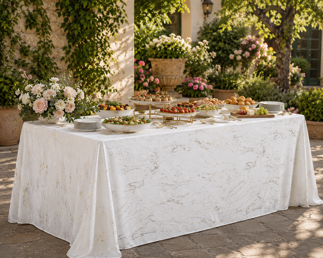 90"x156" Seamless Rectangular Gilded Marble Holland Velvet Tablecloth - White (1pc)