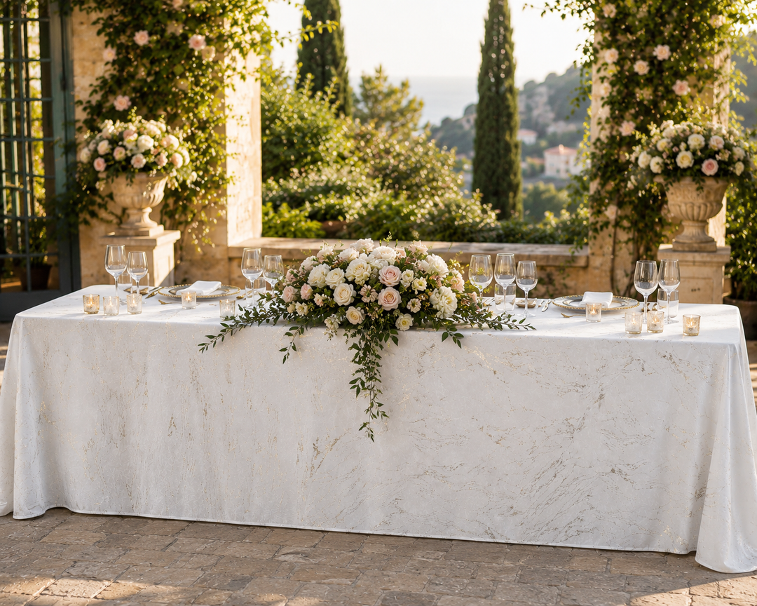 90"x156" Seamless Rectangular Gilded Marble Holland Velvet Tablecloth - White (1pc)