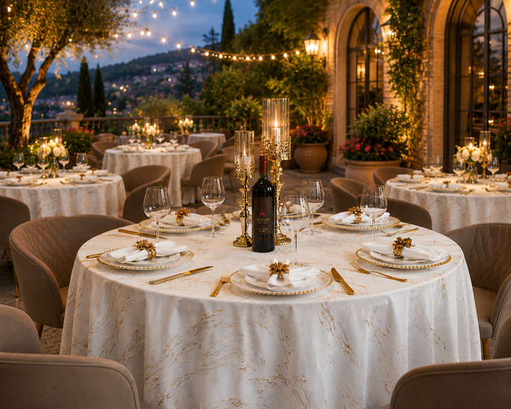 132" Round Gilded Marble Holland Velvet Tablecloth - White (1pc)