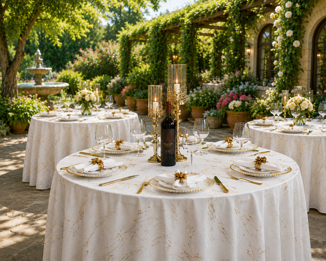 132" Round Gilded Marble Holland Velvet Tablecloth - White (1pc)