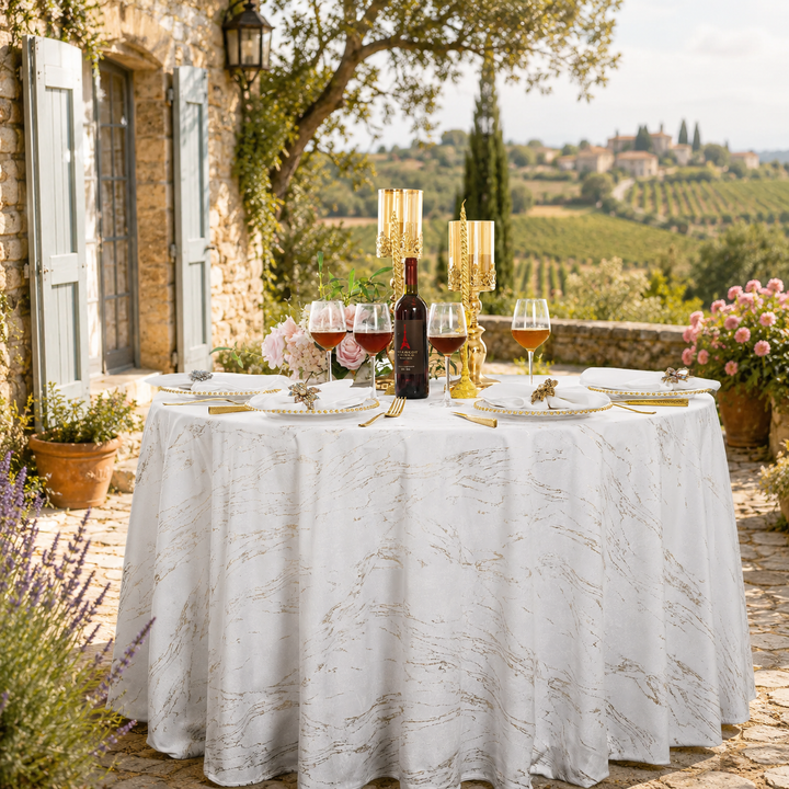 132" Round Gilded Marble Holland Velvet Tablecloth - White (1pc)