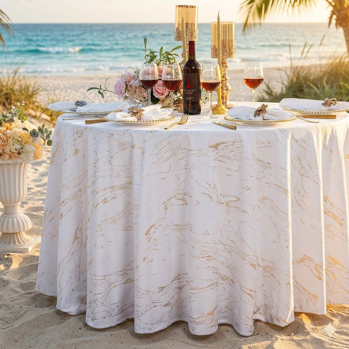 132" Round Gilded Marble Holland Velvet Tablecloth - White (1pc)