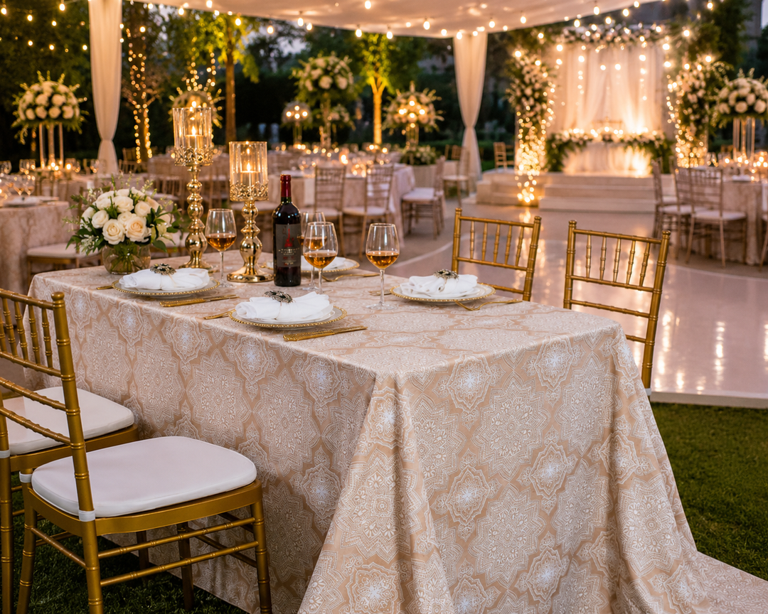 90"x156" Seamless Rectangular Henna Scuba (Wrinkle-Free) (240 GSM) Tablecloth - Champagne (1pc)