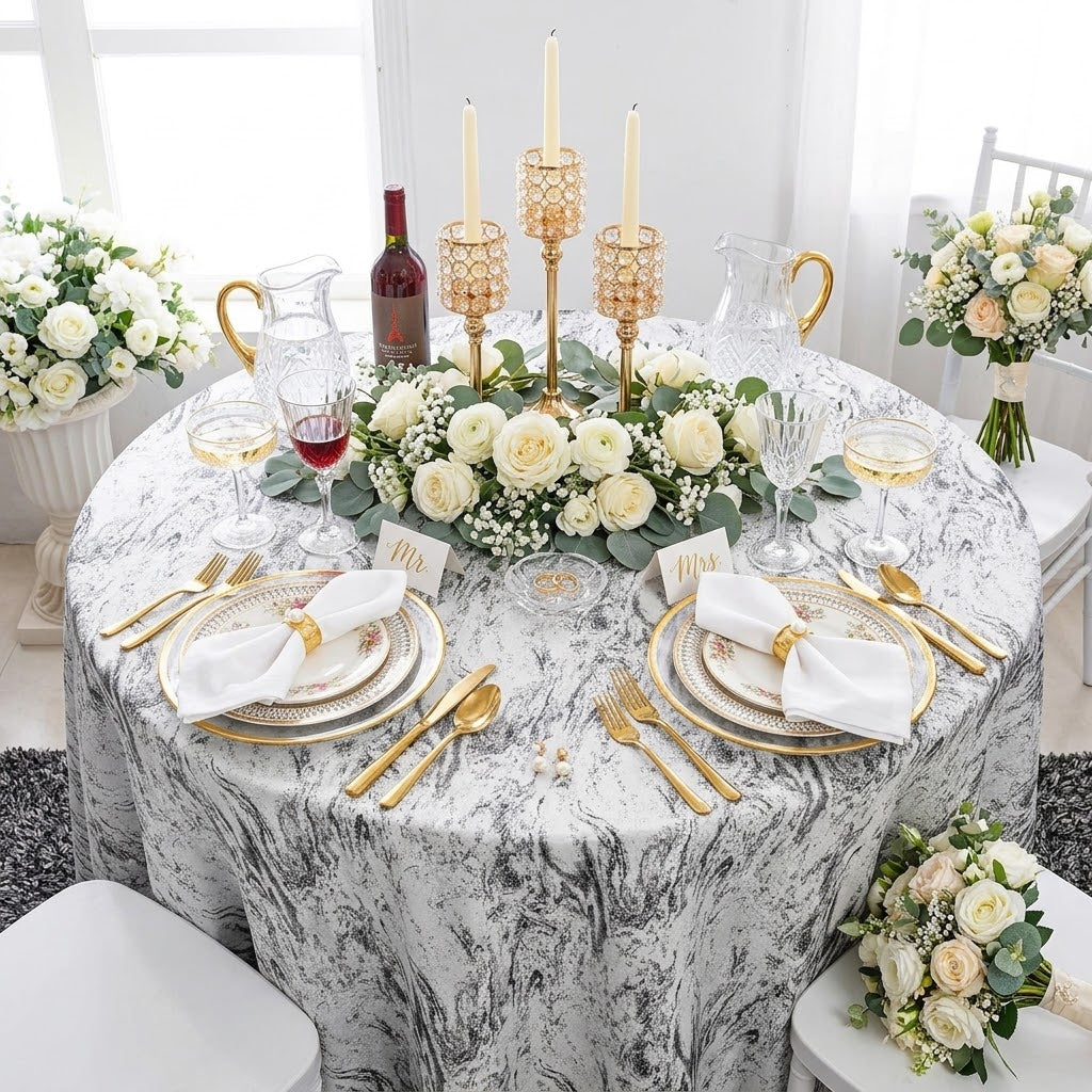 132" Round Mirage Jacquard Polyester Tablecloth - White/Black (1pc)