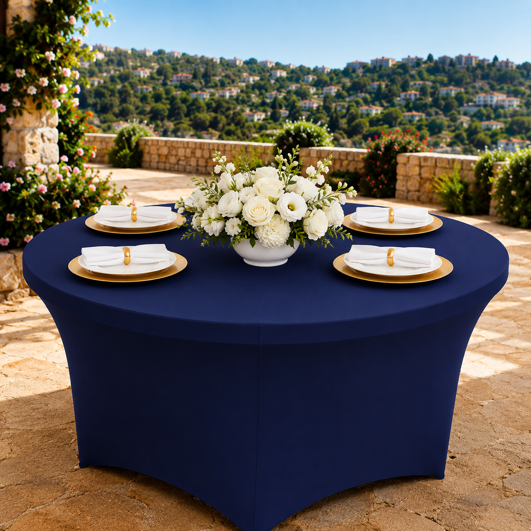 Cubierta de mesa redonda de spandex (220 GSM) de 6 pies - Azul marino (1 pieza)