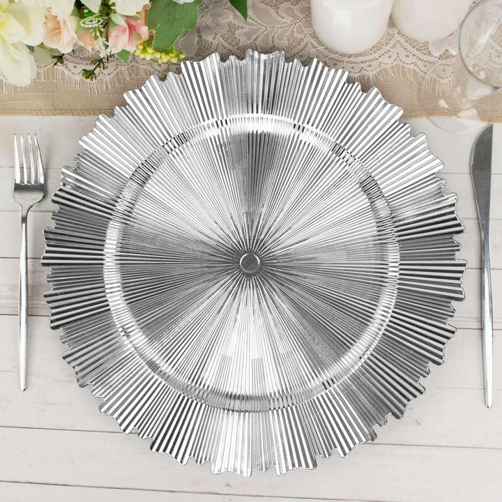13" Silver Metallic Sunray Acrylic Charger Plates (6pcs)