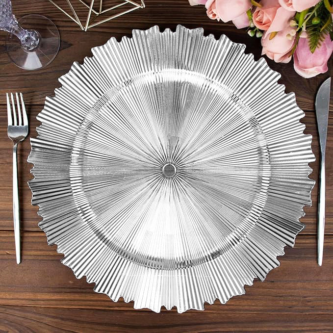 13" Silver Metallic Sunray Acrylic Charger Plates (6pcs)