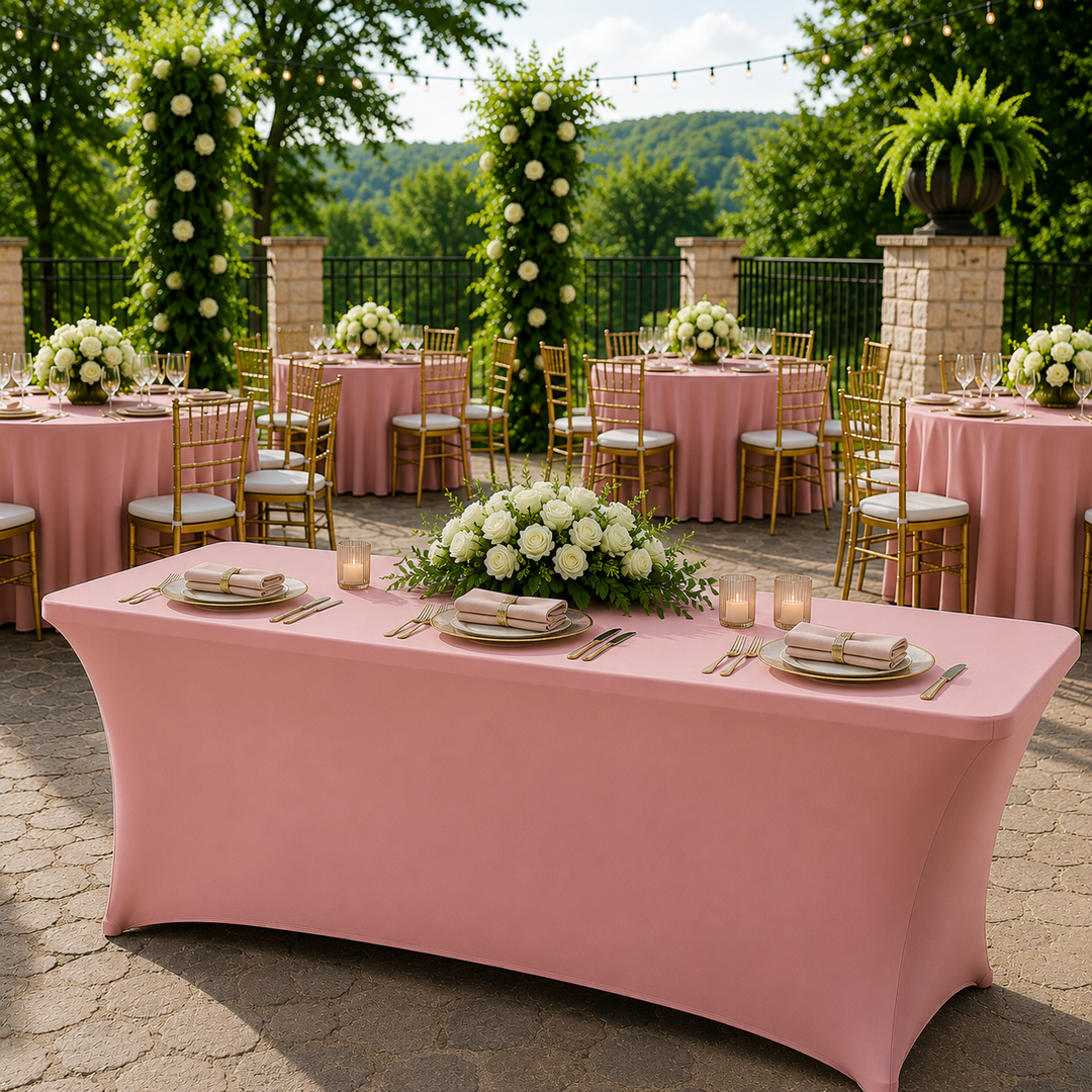 Cubierta de mesa rectangular de spandex (220 GSM) de 8 pies - Rosa rosa (1 pieza)