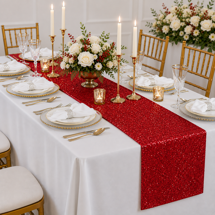 Chemin de table en taffetas à paillettes 12"x108" - Rouge pomme (1pc)
