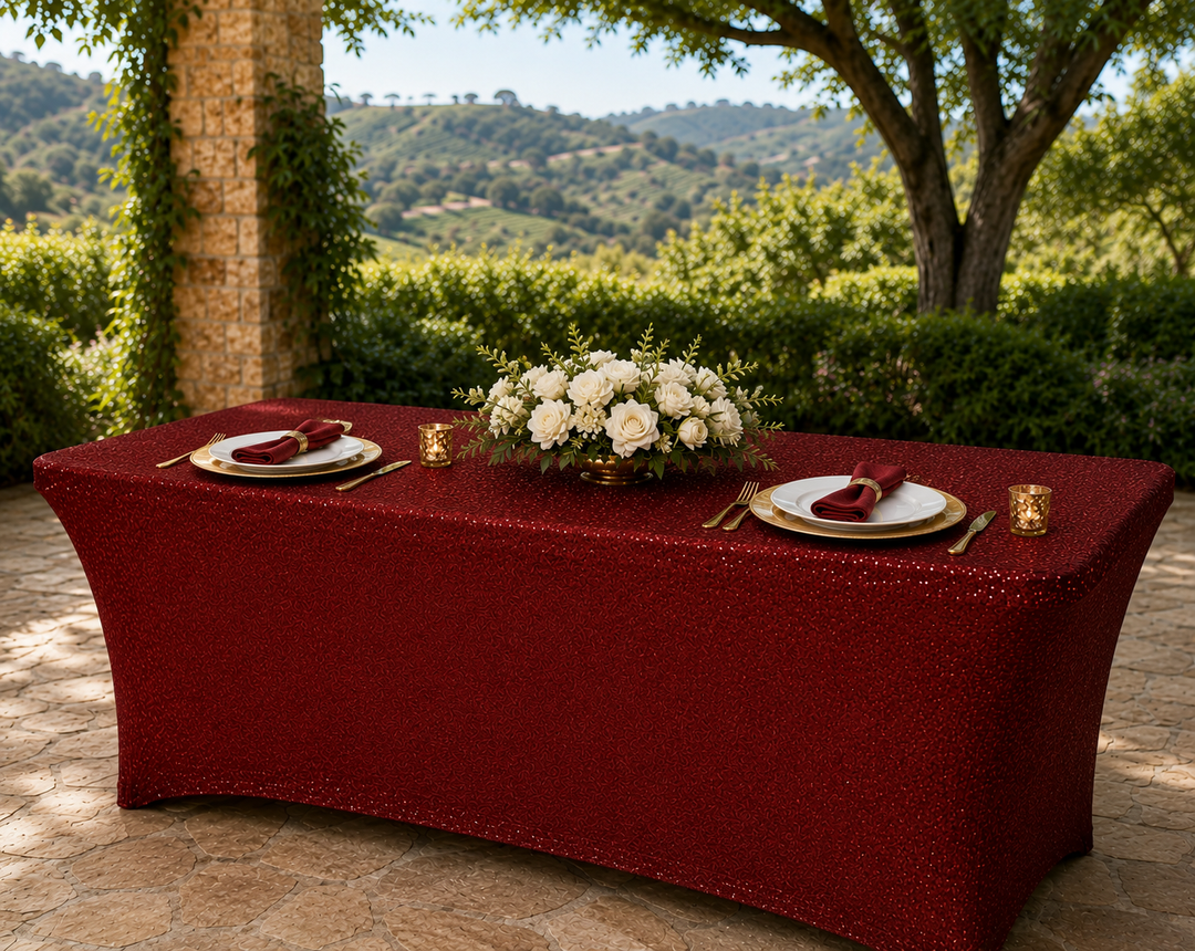 Cubierta de mesa rectangular de spandex con lentejuelas de 8 pies - Rojo manzana (1 pieza)
