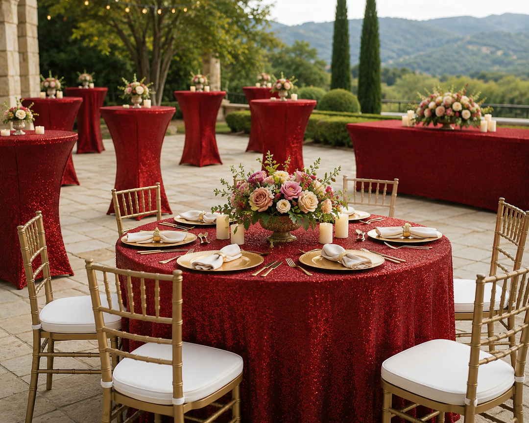 132" Round Sequin Taffeta Tablecloth - Apple Red (1pc)