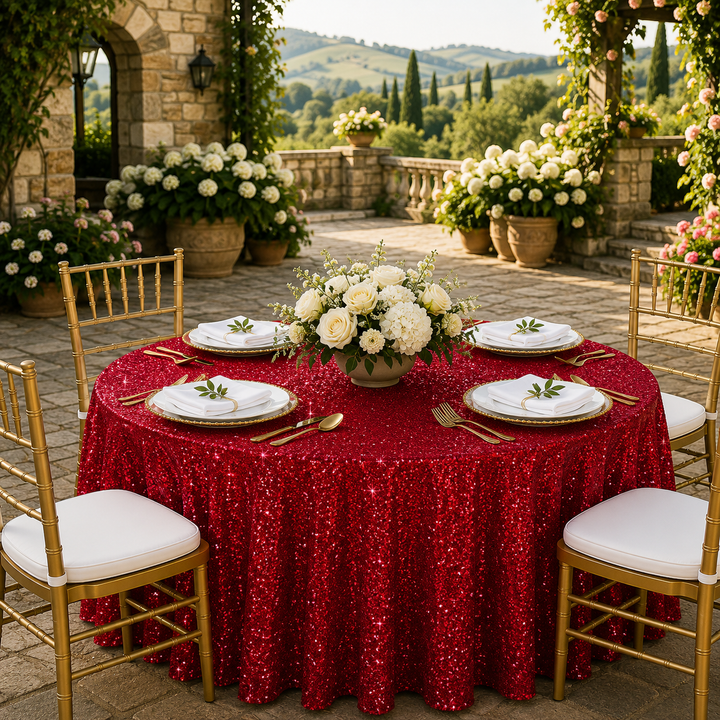 132" Round Sequin Taffeta Tablecloth - Apple Red (1pc)