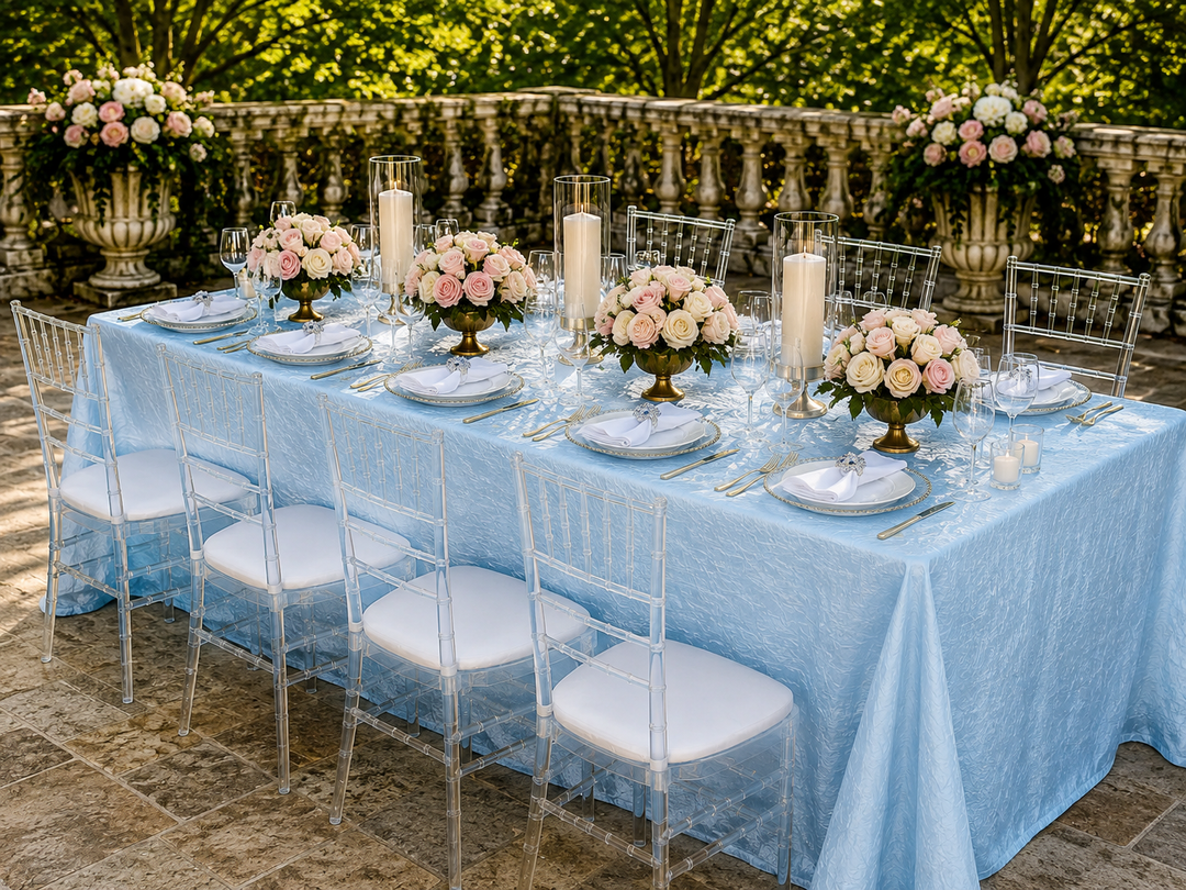 Nappe rectangulaire en taffetas écrasé sans couture, 90 "x 132", bleu bébé (1 pièce)